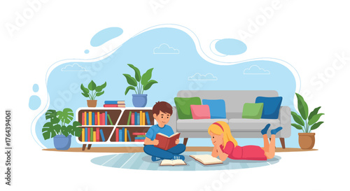 Adobe illustrator artwork vector illustration. Two happy children reading books at home, cozy living room interior with bookshelf and plants