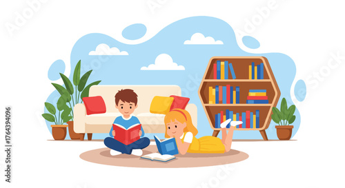 Adobe illustrator artwork vector illustration. Two happy children reading books at home, cozy living room interior with bookshelf and plants