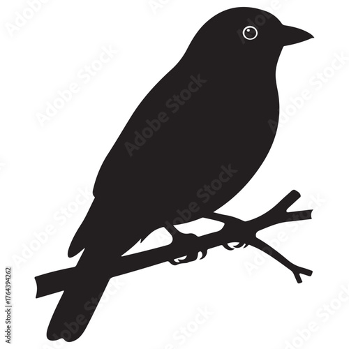 Simple Black Bird Silhouette Perched on Branch Vector Art