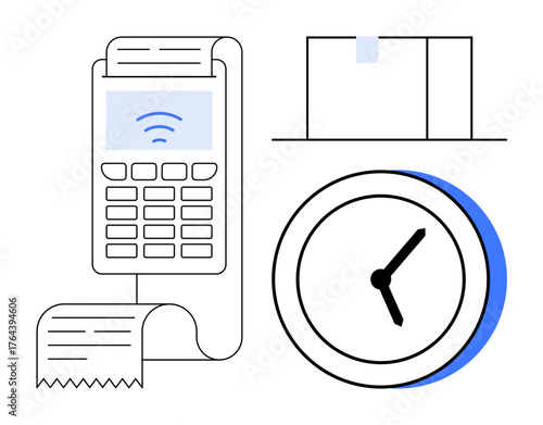 Wireless card reader processing transaction with printed receipt, wall clock, and package box. Ideal for payment systems, technology, retail, finance, logistics, time management simple flat metaphor
