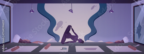 Destroyed and abandoned Yoga studio interior vector flat illustration, broken statue figure of woman in meditation pose