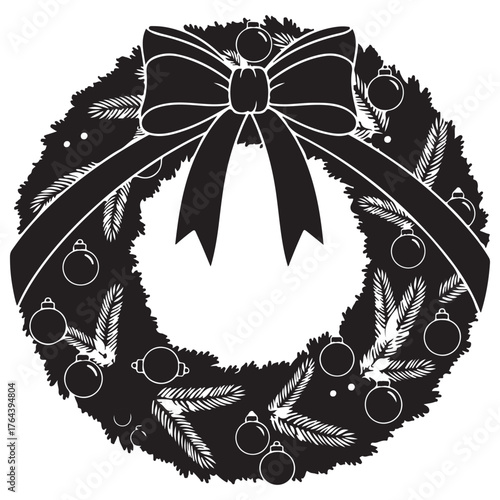 Black Christmas Wreath Silhouette with Bow and Baubles Vector Illustration
