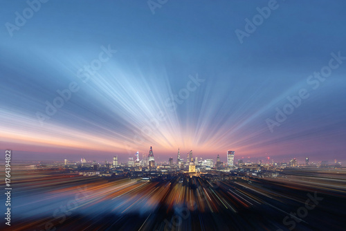 Dynamic cityscape at dusk featuring a stylized zoom effect conveying speed, progress,  growth. Ideal for illustrating innovation, technology, finance, or global business.