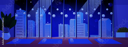 Yoga studio interior at night vector flat illustration, empty dark room with panoramic window, mats and potted plant