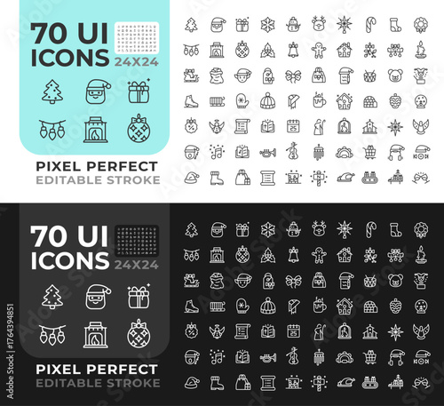 Christmas season line ui icons set for light and dark mode. New year festive party. Magic winter holiday. Vector outline symbols iconography. User interface elements linear, pixel perfect