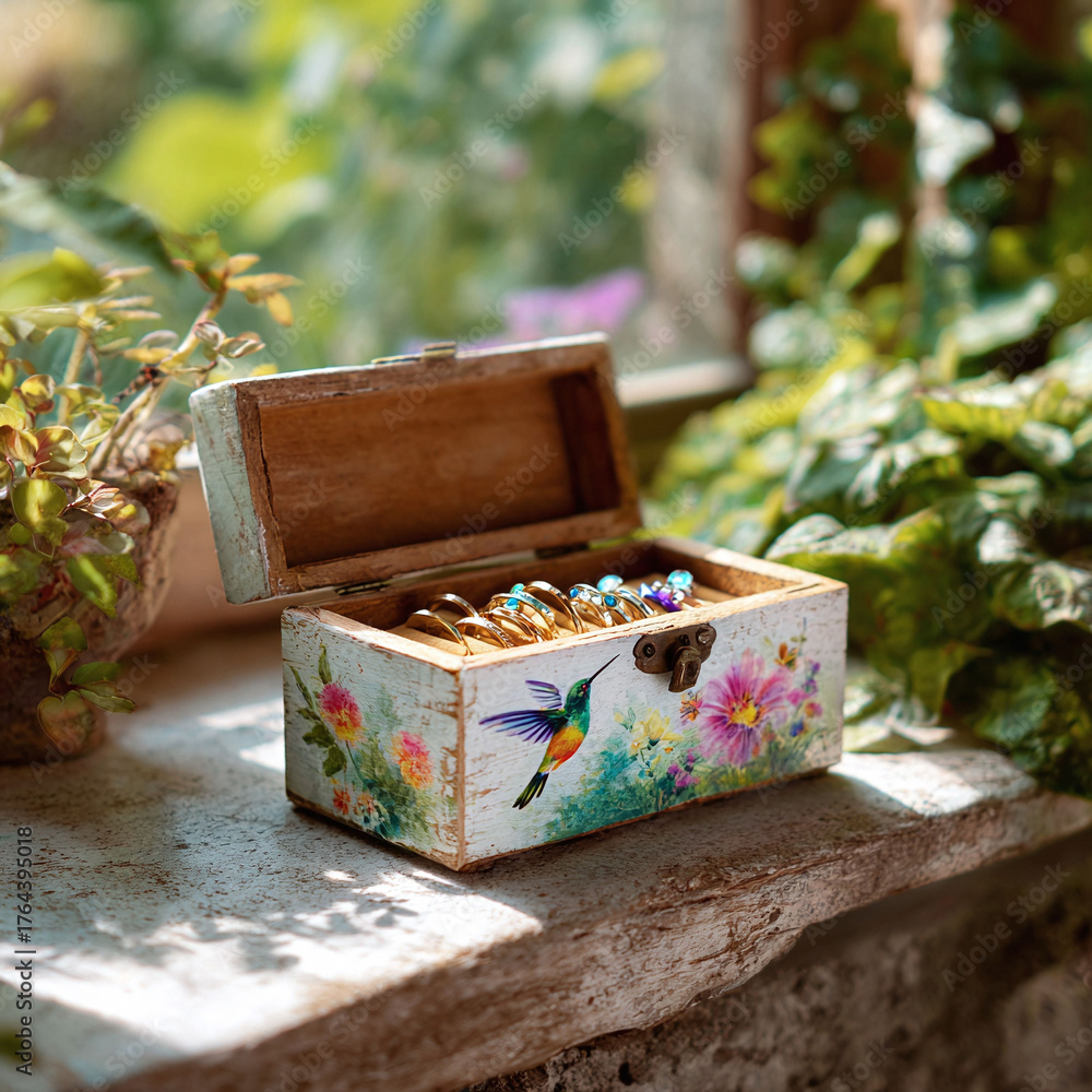 Fototapeta premium Ornate jewelry box, rings inside. Artistic aesthetic. Evokes treasures, craftsmanship, keepsakes, handmade, beauty, nature. Use for design, blogs, lifestyle.