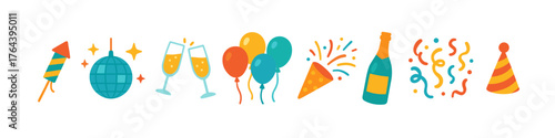 Colorful celebration icons with party elements and festive cheer
