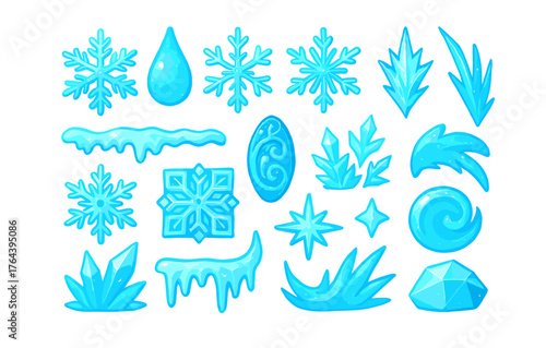 Ice element set: snowflakes, crystals, and frost in blue cartoon style