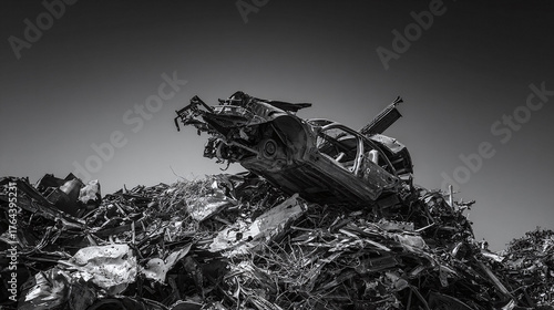 Wrecked car amidst scrap metal mountain. Striking monochrome image symbolizes waste, decay, industry, or recycling efforts. Powerful visual for environmental themes.