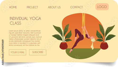 Yoga studio, individual yoga class vector advertising landing page, woman practicing aerial yoga on the hanging rope