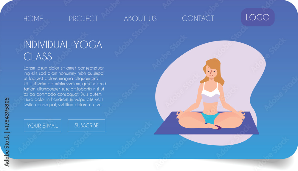 Obraz premium Website landing page with a female character in a pose, blue, online classes.