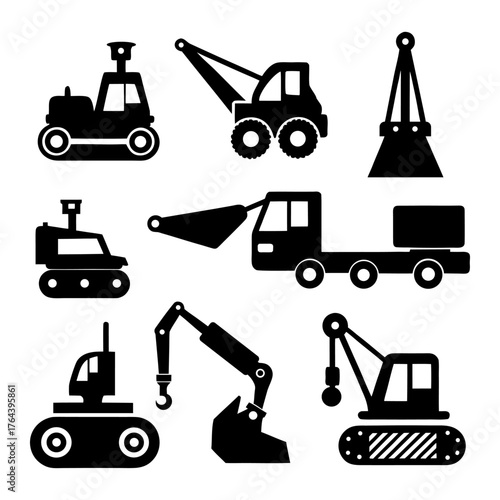 Engineering Equipment Icons — Bulldozer and Excavator on Black and White.