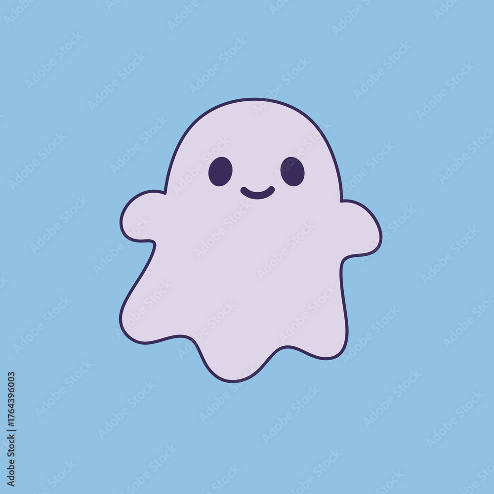 Obraz premium A cute and friendly cartoon ghost character with a happy smile. Simple kawaii spirit illustration isolated on a light blue background for Halloween