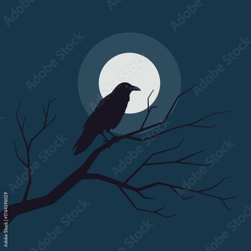 A mysterious silhouette of a black raven perched on a spooky, leafless tree branch against the backdrop of a glowing full moon on a dark night