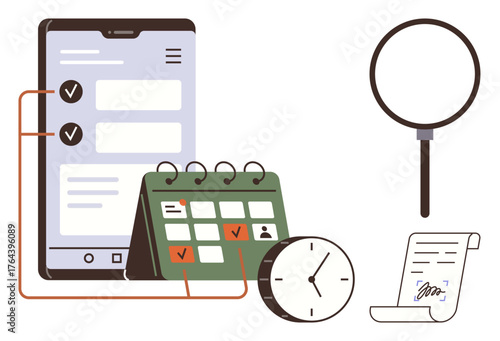 Mobile checklist with calendar, magnifying glass, clock, and signed document. Ideal for planning, organization, productivity, scheduling deadlines research task prioritization. Simple flat
