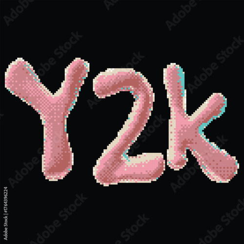 Y2K pixel font, pink with glow effect, 8-bit digital art.