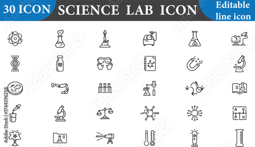 This science lab icon set features experiment and research equipment. Perfect for chemistry, biology, and medical themes. High-quality vector graphics for your project.