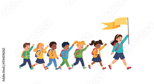 Children walking in a line with a flag, school trip.