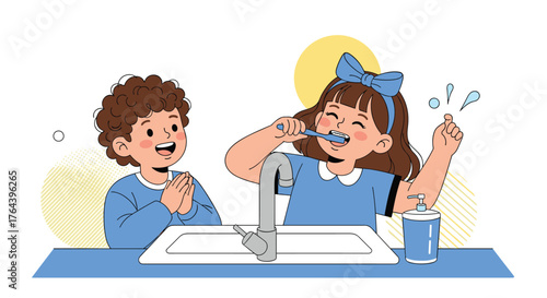 Children brushing teeth together, promoting dental hygiene.