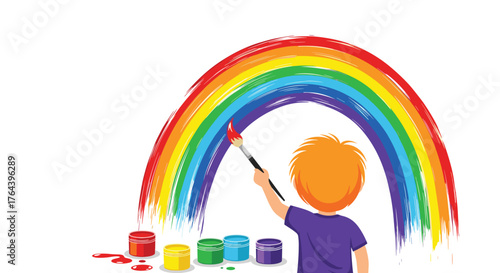 Child painting a colorful rainbow with vibrant hues.