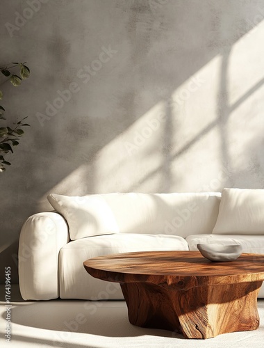 Modern living room with textured wall, bright white sofa and custom wood table bathed in natural light.