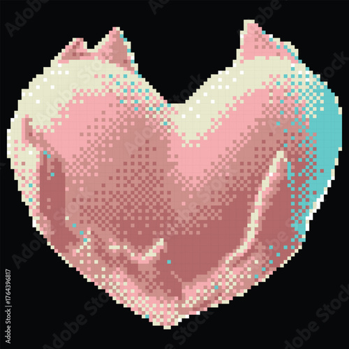 3D glossy pink heart in fire vector pixel art, retro Y2K style heart in burning flame, liquid holographic surface