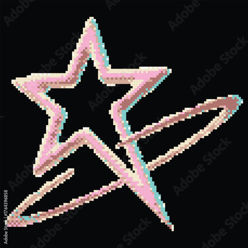 Pink star shape in ring vector pixel art, Y2K space symbol holographic reflection surface, squared cosmic sparkle star