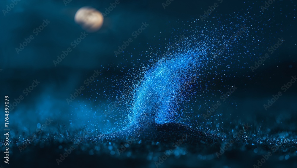 Fototapeta premium Rising blue particles swirling above grassy mound under full moon and wispy clouds, with dewy grass