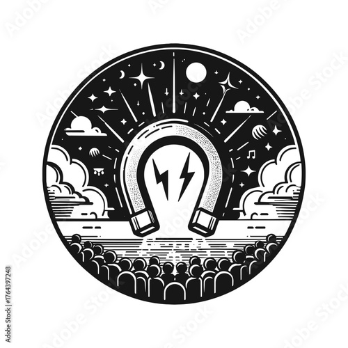black and white illustration of a magnet attracting an audience, with stars and clouds.