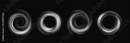 Wind swirl circles set isolated on transparent background. Vector realistic illustration of fresh air rotating effect, laundry vortex, spiral tornado motion effect, storm spin movement, magic portal