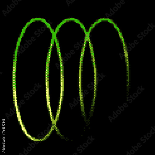 Row of green gradient parallel rings pixel art, vector outline model with square contour, abstract linear circles figure