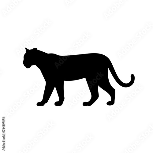 Black silhouette of a large cat prowling stealthily against white background