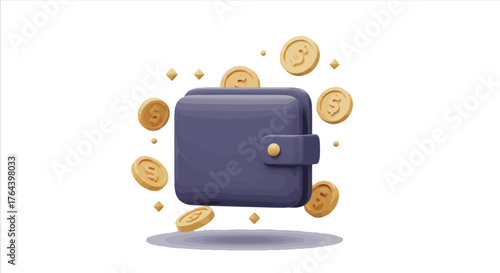 Secure digital wallet with golden coins floating, a modern 3D illustration symbolizing online payments, financial transactions, smart savings, and economic management