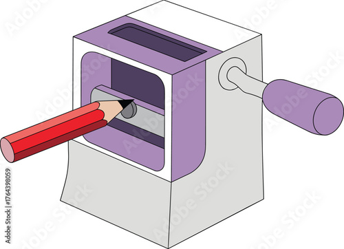 Manual pencil sharpener with red pencil, stationery illustration, school education tool, art supply drawing, office equipment design, classroom accessory
