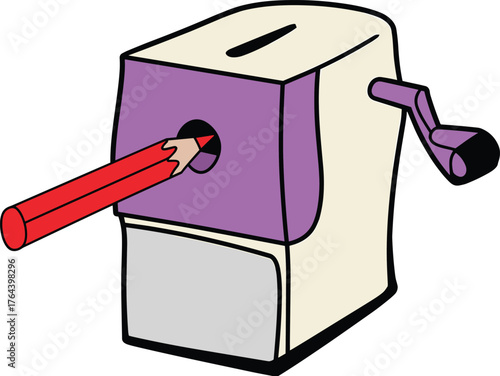 Manual pencil sharpener with red pencil, stationery illustration, school education tool, art supply drawing, office equipment design, classroom accessory