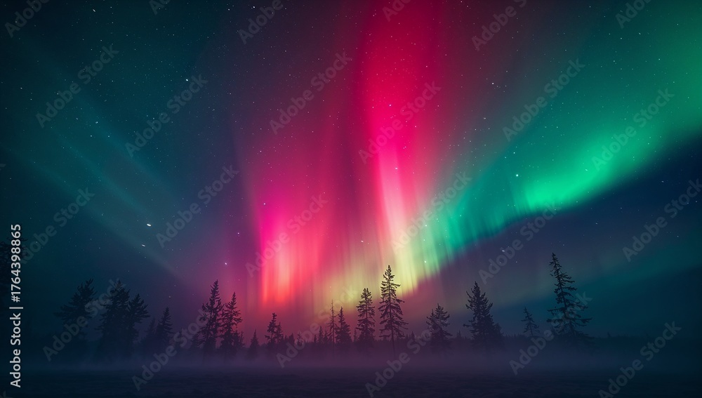 Naklejka premium Dancing colorful aurora borealis lighting up forest clearing, with conifer trees and fog layer