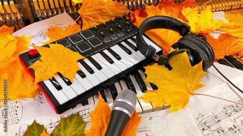 Creating the Sound of Autumn: A Music Producer's Setup with MIDI Keyboard, Microphone, and Headphones Surrounded by Warm Fall Leaves and Handwritten Sheet Music embodying seasonal creative inspiration