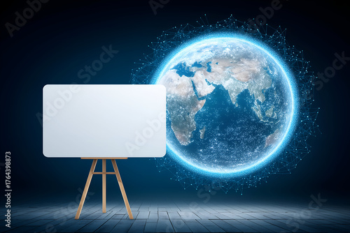 Empty Whiteboard with Vibrant Earth Sphere on Wooden Floor. Mock up promotion information for marketing announcements and details, blank white space.