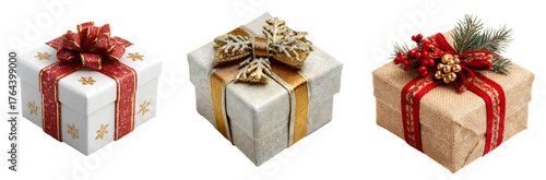 christmas gift boxes collection isolated on white background, cut out, transparent PNG