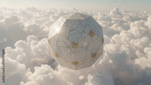 Estructura geométrica flotante de mármol y oro