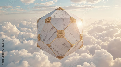 Estructura geométrica flotante de mármol y oro