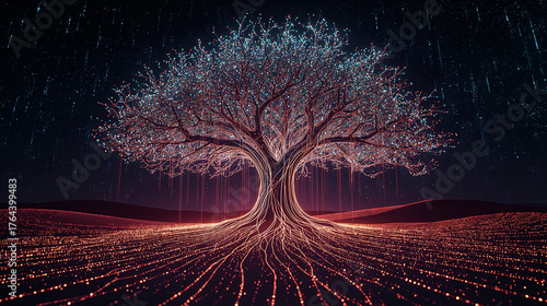 Árbol digital de fibra óptica en desierto de datos