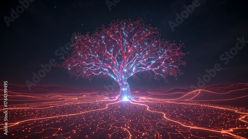 Árbol digital de fibra óptica en desierto de datos