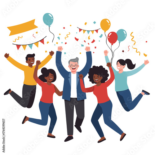 Teamwork joyfully celebrating a business milestone achievement is captured by a diverse group of people in this vibrant 2D flat illustration on a clean white background.