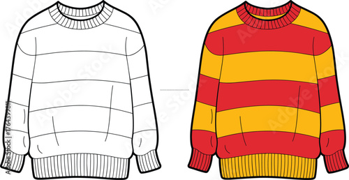 Striped sweater fashion illustration, clothing design template, knitwear flat sketch, colorful pullover mockup, apparel drawing, fashion garment reference, outfit