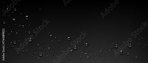 Wet glass surface with water droplets on black background for modern minimalist design. Clear condensation beads and scattered moisture drops. Dark elegant texture with realistic liquid elements.