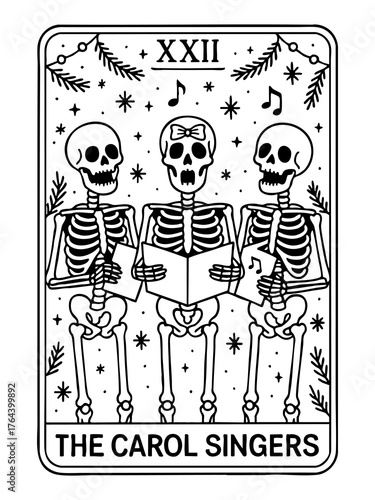 skeleton choir singing carols holding songbooks christmas tarot card festive holiday vector illustration joyful line art concept of seasonal retail concept of holiday promotion