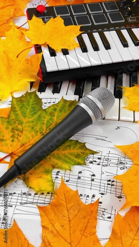 Creating the Sound of Autumn: A Music Producer's Setup with MIDI Keyboard, Microphone, and Headphones Surrounded by Warm Fall Leaves and Handwritten Sheet Music embodying seasonal creative inspiration