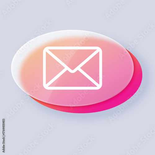 Envelope button glassmorphism effect vector icon, transparent blur glass pink gradient button, UI UX message letter sign