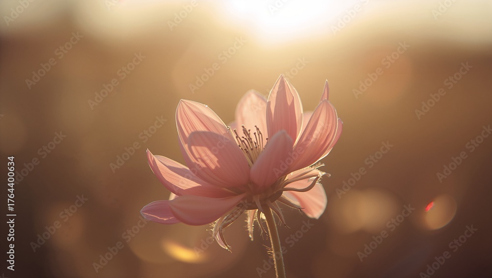 Fototapeta premium Glowing pink blossom radiating in meadow at golden hour, with petals, hairy stem, central stamens